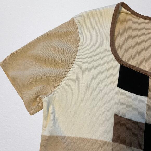 Brown patchwork ribbed knit tshirt, earth tones preppy indie retro bohemian - Picture 4 of 5